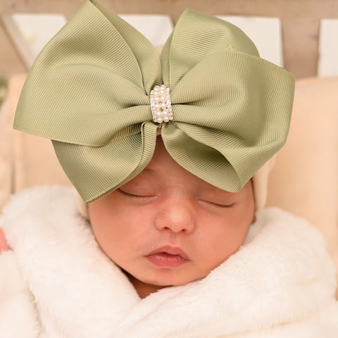 Sage Green Large Bow with Rhinestone and Tiny Pearl Gem Center on OATMEAL HAT - Newborn Girl Bow Hospital Hat