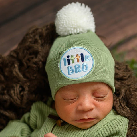 Sage Green Little BRO with White Pom Pom - Little Brother Baby Hat Sage Green