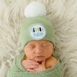 Sage Green Little BRO with White Pom Pom - Little Brother Baby Hat Sage Green