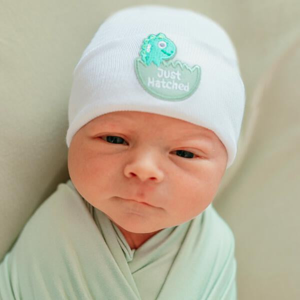 Newborn Baby Girl Hospital Beanie Hat with Pink Daddy's Fishing Buddy Patch, White Color Infant Hat Newborn Hat